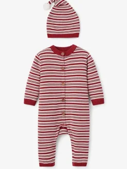 Baby Jumpsuit & Hat Set, Holiday Striped