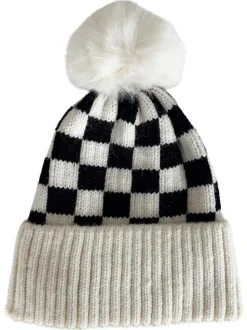 Checkerboard Fur Pom Hat, Cream