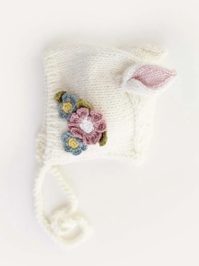 Knit Bunny Bonnet, White Flowers