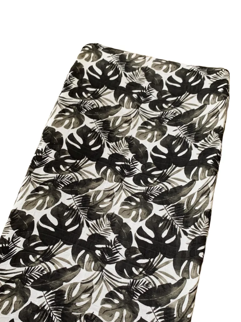 Muslin Changing Pad Cover, Black Monstera Leaf