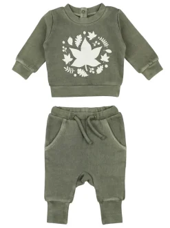 Organic Cozy Graphic Sweatshirt & Jogger Set, Hunter Leaves