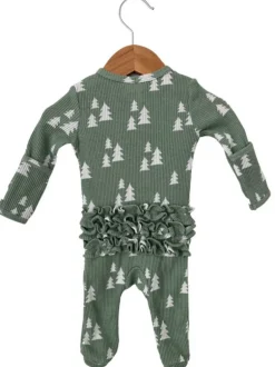Organic Waffle Ruffle Zip Footie, Alpine Trees