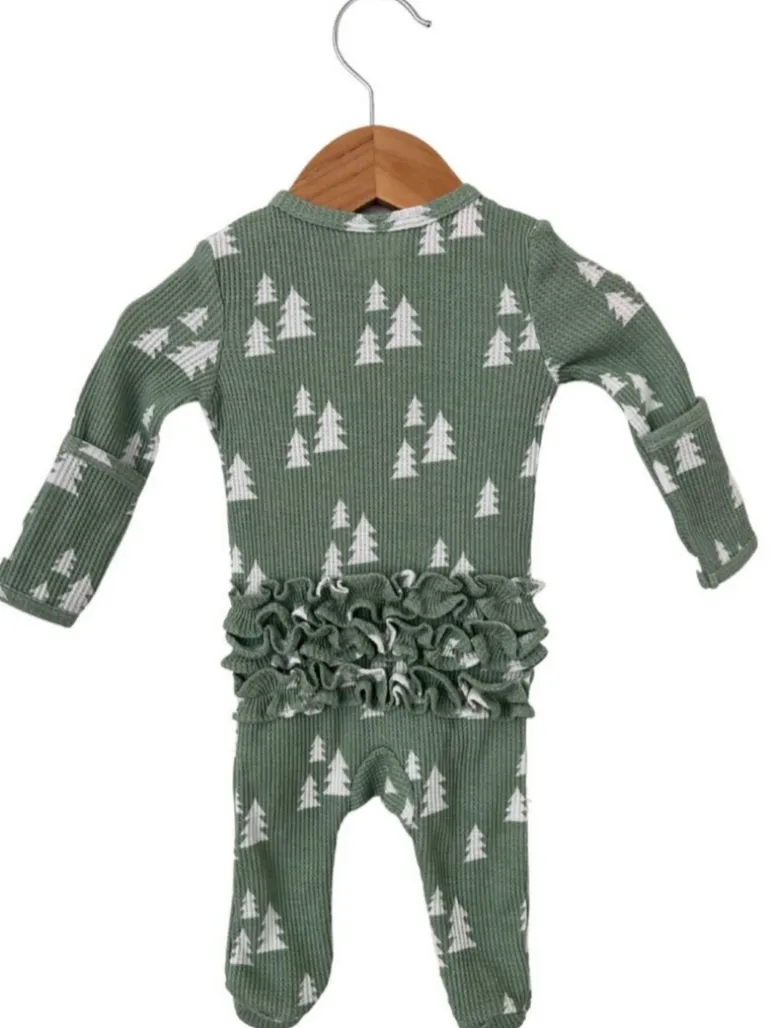 Organic Waffle Ruffle Zip Footie, Alpine Trees