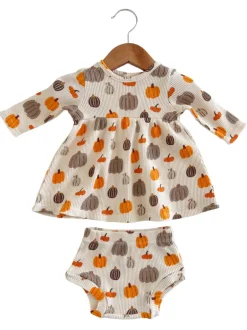 Organic Waffle Simple Dress & Bloomer, Harvest Pumpkin
