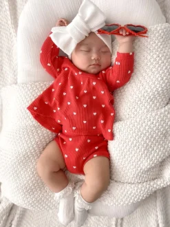 Organic Waffle Simple Dress & Bloomer, Little White Heart (on Red)