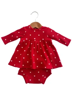 Organic Waffle Simple Dress & Bloomer, Little White Heart (on Red)
