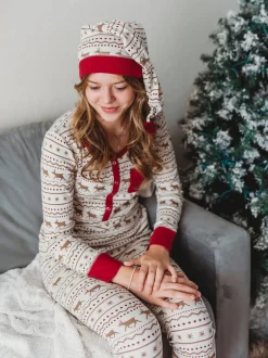 Organic Women's Holiday 2-Piece Lounge Set with Cap, Fair Isle Rudolph