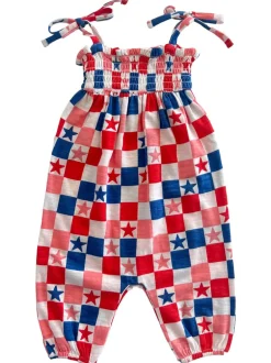 Red, White, Blue & Pink Checkerboard / Organic Smocked Jumpsuit