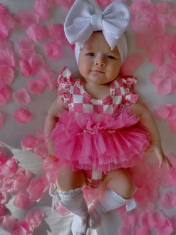 Ruffle Sleeve Tutu Bodysuit, Pink Flower Checkerboard