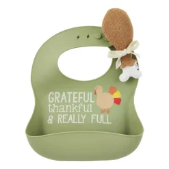 Silicone Bib & Rattle Set, Thanksgiving Grateful, Thankful, Really Full Green