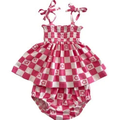 Smocked Set, Pink Flower Checkerboard