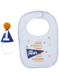 1st Birthday Cake Smash Bib Set, Blue