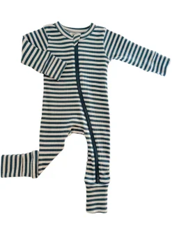 Steel Blue Stripe / Organic Ribbed 2-Way Zip Romper