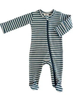 Steel Blue Stripe / Organic Ribbed Zip Footie