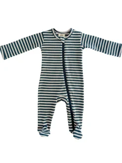 Steel Blue Stripe / Organic Ribbed Zip Footie