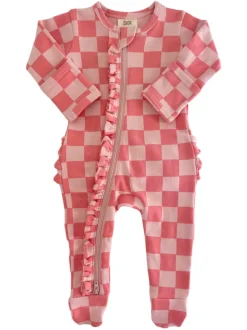 Strawberry/Rosy Checkerboard / Organic Frill Zip Footie