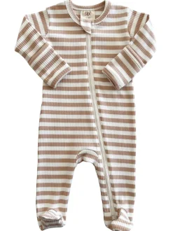 Tan Stripe / Organic Ribbed Zip Footie