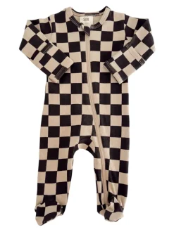 Tiramisu/Black Checkerboard / Organic Zip Footie