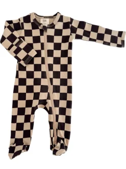 Tiramisu/Black Checkerboard / Organic Zip Footie